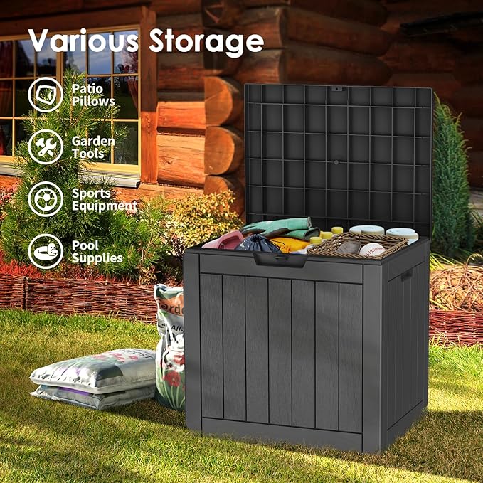 35 Gallon Lockable Resin Deck Box, Waterproof & UV-Resistant Outdoor Storage Box for Outdoor Cushion Storage, Garden Tools & Pool Accessories Storage, Black