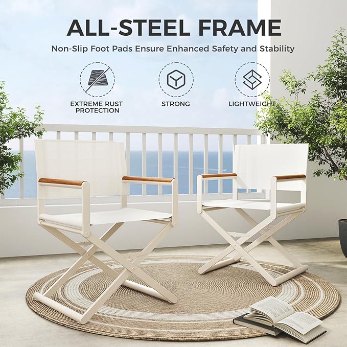 Grand patio Extra-Wide 2-Pack Directors Chairs, Folding Dining Chair Set of 2 with Sling and Woodgrain Armrests, Outdoor, Apricot