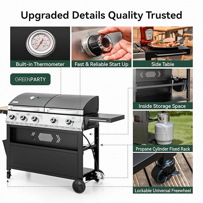 5 Burner Griddle Grill Combo, 2 in 1 Propane Gas BBQ Grill with Porcelain-Enameled Cast Iron Grates & Pan, Outdoor Flat Top Griddle, 695 Sq. In. Propane Barbecue Grill for Patio Backyard Balcony