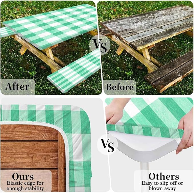 CAPSCEOLL Elastic Picnic Table Cover with Bench Covers 5Ft Waterproof Fitted Picnic Table Cover Cloths for Outdoors Camping Tablecloth with Drawstring Bag, 60X30in, Green Checkered