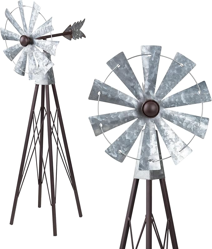 Alpine Corporation JUM368 Outdoor Metal Windmill Spinner Garden Yard Decoration, 24 Inches Tall, Bronze and Silver