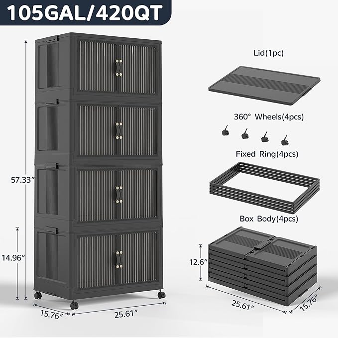 JONZEN 105Gal Extra Large Storage Bins with Lids, 420QT Stackable Collapsible Bins with Doors Wheels, Closet Organizers and Storage, Foldable Plastic Box Cabinet for Home Garage, 4Pack Black