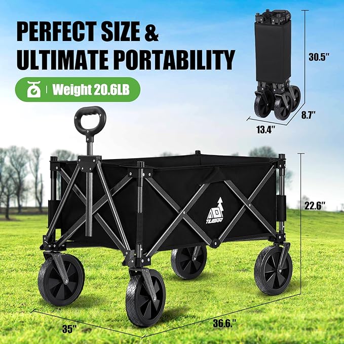 Collapsible Wagon Carts with Large Capacity, Foldable Grocery Cart with Side Pockets for Outdoor,Utility Beach Wagons Heavy Duty,300lb Load-Bearing for Camping, Garden, Sports, Shopping-Black
