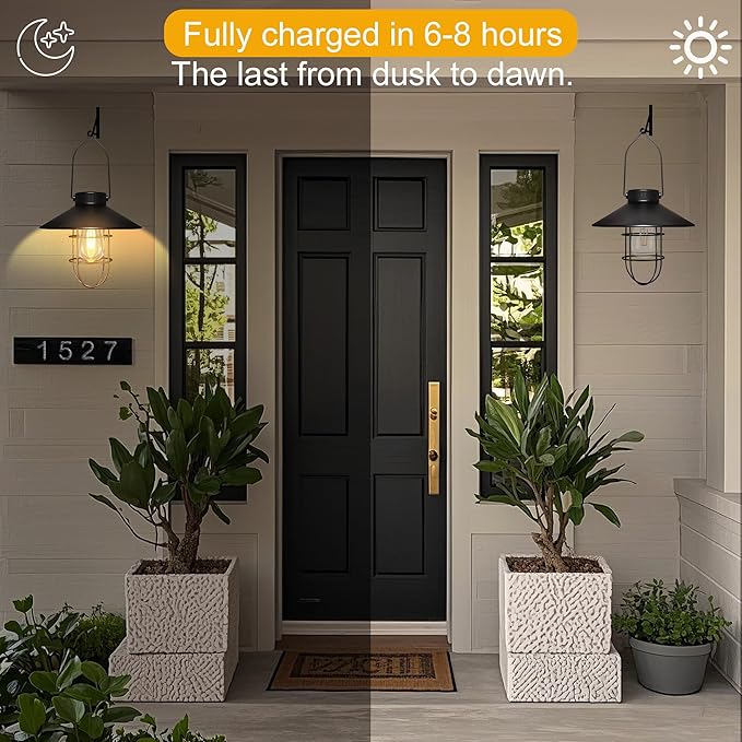 pearlstar Solar Lantern Outdoor Hanging Light- Waterproof Vintage Metal Solar Lantern Light with Warm White Edison Bulb Decorative for Patio, Backyard, Porch, Yard