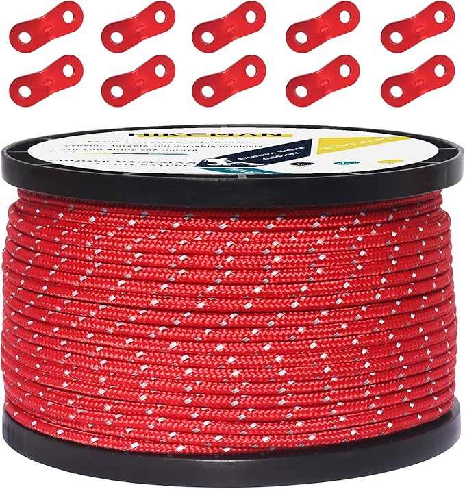 HIKEMAN 50m Reflective Guyline Solid Braid Nylon Camping Rope with Aluminum Adjuster Cord Tensioner Tent Accessory for Outdoor Travel,Hiking,Backpacking and Water Activities (Red, 3mm)