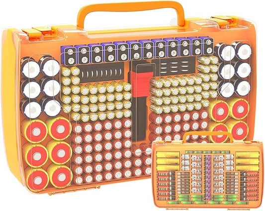Battery Organizer Storage Holder Box Case with Tester- 269 Batteries Double-Sided Variety Pack, Holds AA AAA 4A C D Cell 9V 3V Lithium LR44 CR2 CR123 CR1632 18650 Button- Yellow (Box Only)