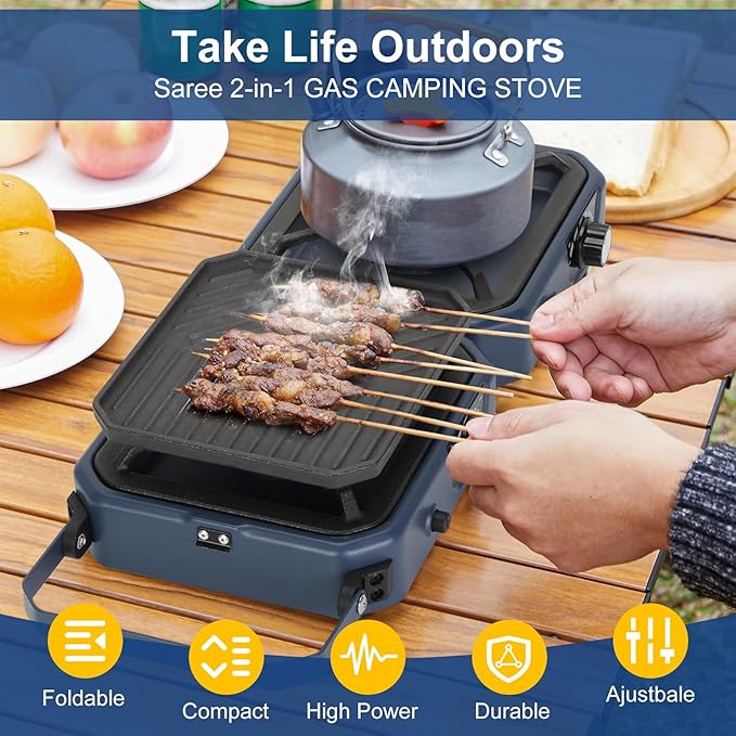 2 Burner Propane Stove Compatible with Propane Cylinders,2 Burner Camp Stove with Griddle and 16000 BTU Adjustable Burners,Portable Camping Stove Propane with Carry Bag and Handle for Camping (Blue)