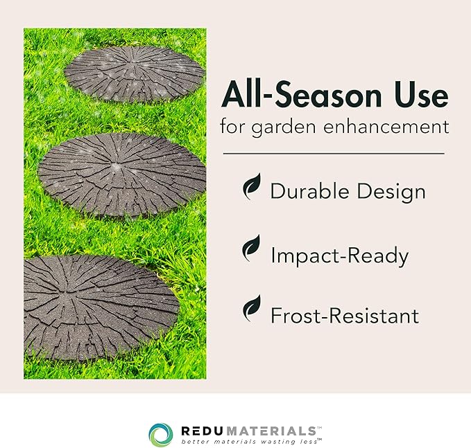 Garden Central 4-Pack 18”x18” Fake Cracked Log Rubber Stepping Stones, Round, Brown – Reversible Non-Slip Outdoor Faux Decorative Set for Landscaping – DIY Decor for Walkways & Yard Pathways