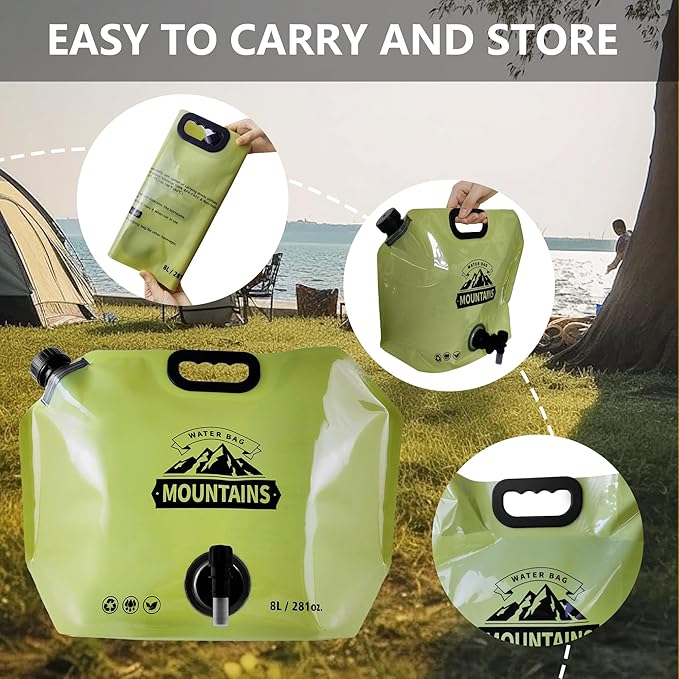 Collapsible 8L Water Storage Bag, BPA-Free Portable Folding Water Jug with Adjustable Faucet, Leakproof Emergency Water Bag for Camping, Hiking, Riding, Outdoor Sport (GREEN, 1)