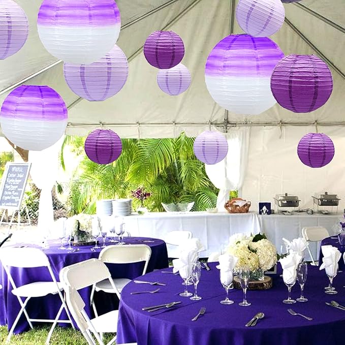 14 PCS Paper Lanterns, Gradient Purple Round Paper Decorative Lantern Lamps, Hanging Lanterns Chinese Tissue Indoor Room & Outdoor Party Supplies Decoration