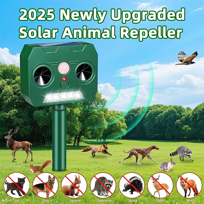 2 Packs Solar Ultrasonic Animal Repeller Outdoor Cat Repellent, Solar Deer Repellent Devices with Strobe Lights Motion Sensor Animal Deterrent,Keep Raccoon Squirrel Skunk Rabbit Out of Yard Garden
