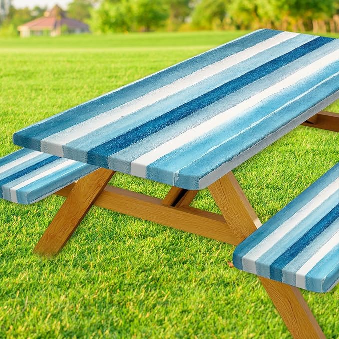 3 Pcs Picnic Table Cover with Bench Covers, 8ft Sky Blue Navy Blue Grey Stripe Elastic Edge Reusable Waterproof Table Cloth, 96x30in Fitted Picnic Tablecloth for Camping Patio Travel RV Essentials