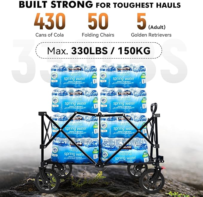 Hikenture Collapsible Wagon 330LBS Capacity, 200L Extra Large Wagons Carts Foldable, Heavy Duty Folding Wagon with All-Terrain Wheels, Utility Beach Wagons for Outdoor Garden