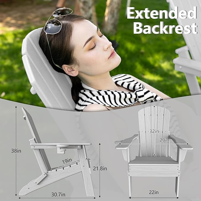 Folding Adirondack Chair, SGS Tested, Wooden Textured with Cup Holder, Heavy All-Weather HDPE Comfortable Set Poolside Backyard Lawn White