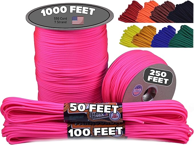 BORED? PARACORD! 550 lb Paracord - Ideal for Crafting, Camping, DIY Projects, Active & Military Outdoors - Strong Survival Rope - Tactical Parachute Cord Type III - Neon Pink 1000 Feet