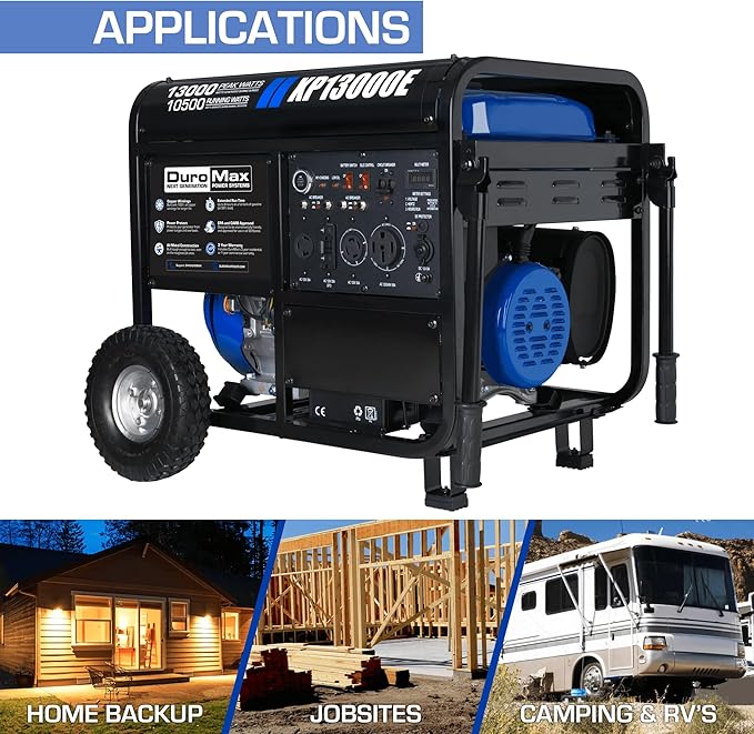 DuroMax XP13000E 13,000-Watt Gas Powered Portable Generator - Electric Start, Whole Home Backup Power, Transfer Switch Ready, RV & Emergency Ready