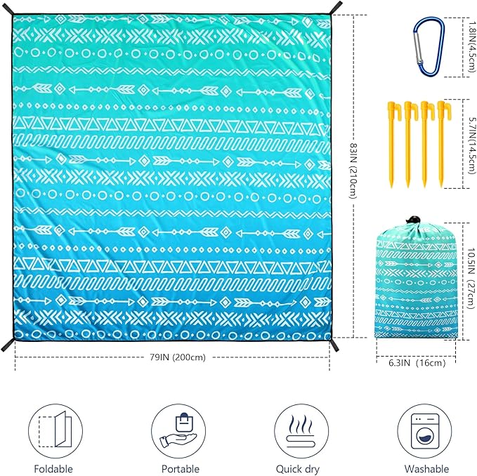Beach Blanket Waterproof Sandproof Beach Mat 79" X 83"/10'x9'for 2-8 Adults Quick Drying Outdoor Picnic Mat Beach Accessories for Travel, Camping, Hiking
