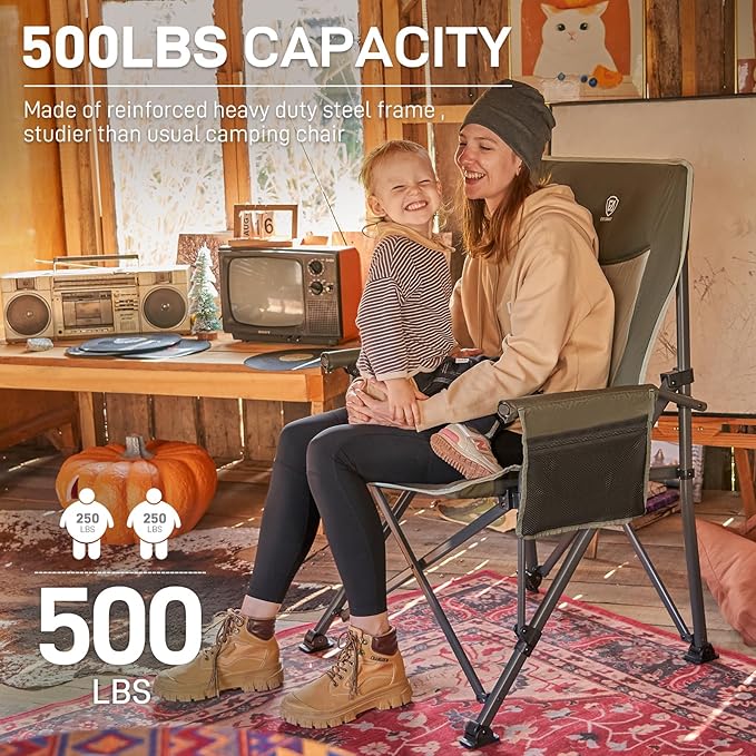 EVER ADVANCED Oversized Folding Camping Chair for Adults, Heavy Duty Lawn Chair with Side Pockets, Portable Collapsible Quad Chair for Outside, Support Up to 500lbs