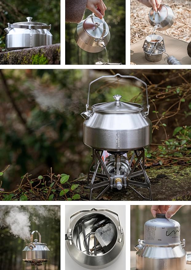 CAMPINGMOON 1L Campfire Kettle Seamless One-Piece Stainless Steel Wide Bottom Wide Spout Integrated Molding Camping Outdoor Water Boiler SW-1