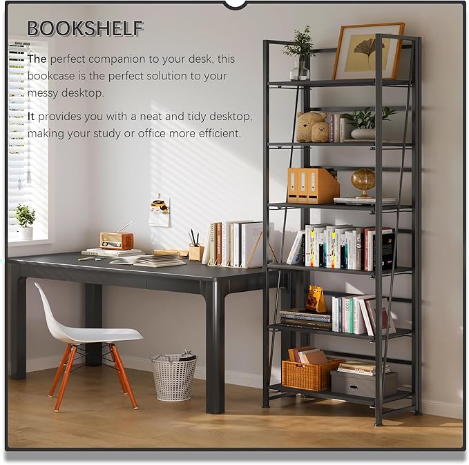 4NM No Assembly Folding Bookshelf, 6-Shelf 74" H Collapsible Foldable Bookcase Storage for Small Spaces, All Black