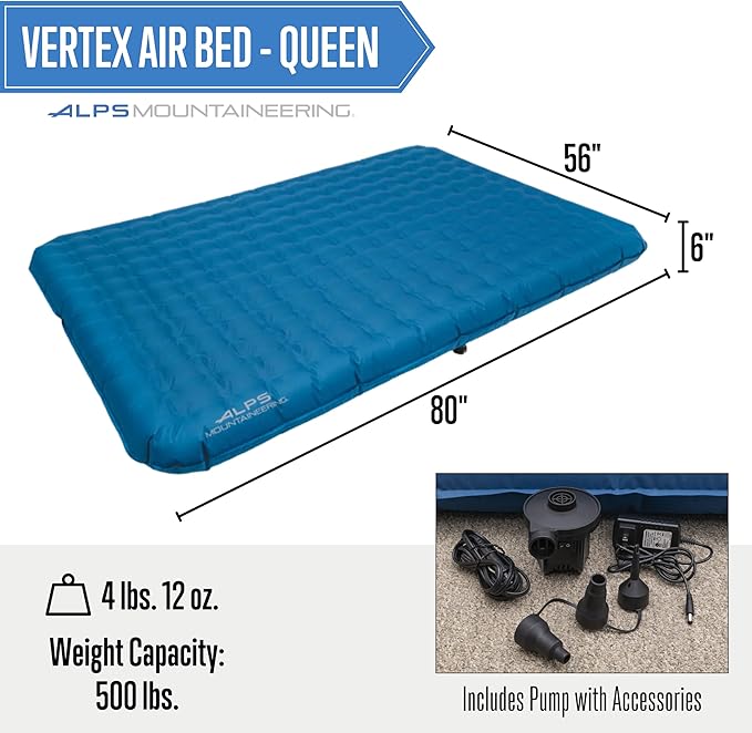 ALPS Mountaineering Vertex Air Bed, Twin or Queen Inflatable Mattress, Versatile Pump Included