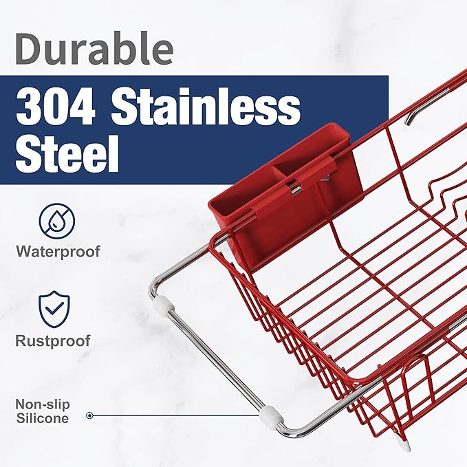 Dish Drying Rack in Sink, Red Dish Dryer Racks Over Sink, Dishes Drainers for Kitchen Sink, Stainless Steel Plates Drying Rack with Utensil Holder & Cups Holder