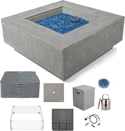 Elementi+ | Bundle Victoria Gas Fire Pit Cast Concrete 40" Square Fire Table, Outdoor Fire Pit Electronic Ignition | Canvas Cover, Fire Glass and Burner Lid Included | Light Gray | Propane Gas