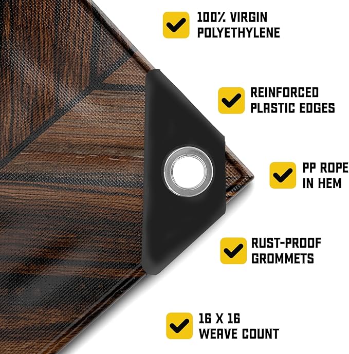 Core Tarps Extreme Heavy Duty 20 Mil Tarp Cover, Waterproof, UV Resistant, Rip and Tear Proof, Poly Tarpaulin with Reinforced Edges for Roof, Camping, Patio, Pool, Boat (Brown Wood/Black 12′ X 16′)