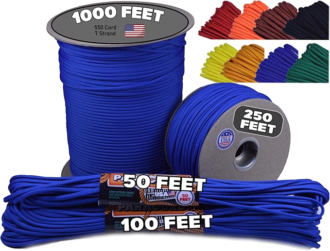 BORED? PARACORD! 550 lb Paracord - Ideal for Crafting, Camping, DIY Projects, Active & Military Outdoors - Strong Survival Rope - Tactical Parachute Cord Type III - Royal Blue 100 Feet