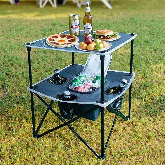 Folding Beach Table, Camping Table for Sand with Insulated Cooler Storage & 4 Cup Holders, Portable Pop Up Picnic Table, Lightweight Side Table for Outdoor