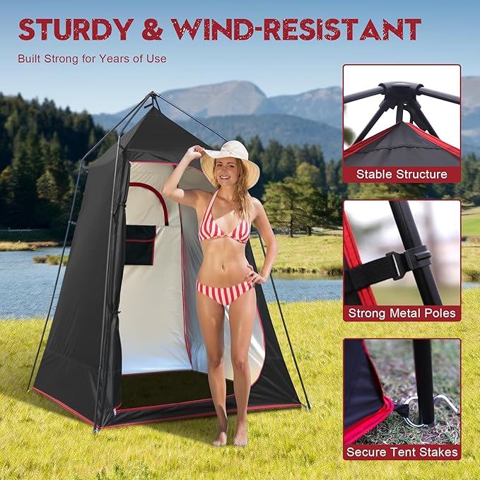 Camping Shower Tent, Portable Outdoor Privacy Shelter for Showering & Changing, 7.2 FT Easy-Setup Toilet Tent with Floor & UPF 50+, Ideal for Hiking, Fishing, Beach