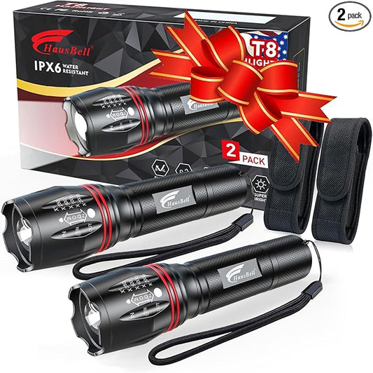 HAUSBELL T8 Upgraded Flashlight Bright, Zoomable Tactical LED Flashlights Flash Light with High Lumens and Five Modes and Camping Accessories, 2 Pack
