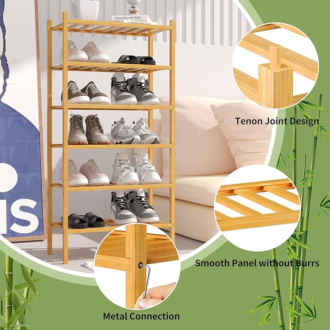 6-Tier Bamboo Small Shoe Rack, Free Standing Wood Shoe Shelf Storage Organizer for Closet Entryway Stackable (Natural)