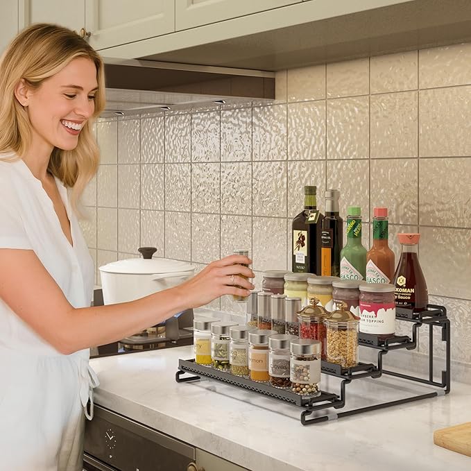 4 Tier Spice Rack Organizer for Inside Cabinet Display Riser Shelf Seasoning Organizer for Countertop Cupboard Pantry Step Storage Holder with Protection Railing (2PC Black)