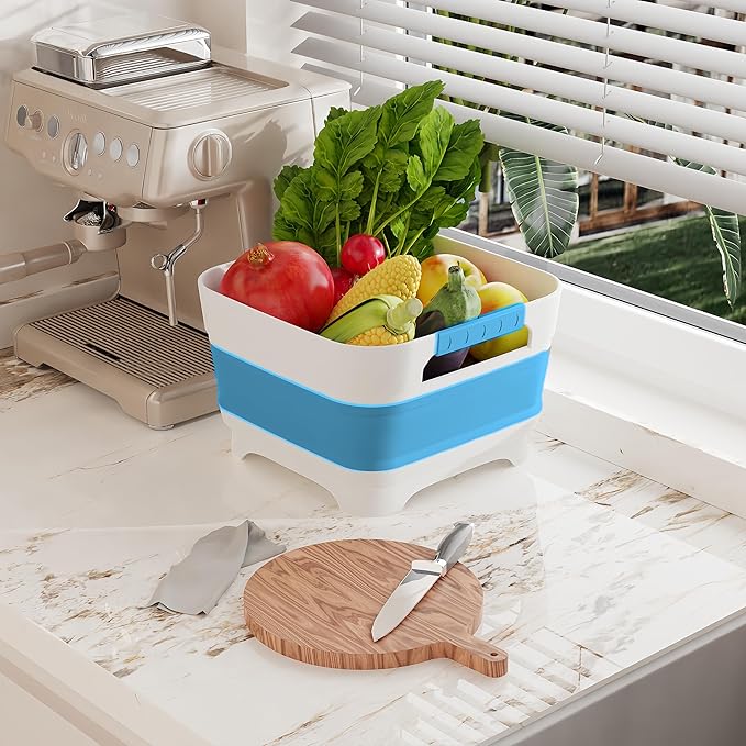 2.4 Gal Collapsbile Wash Basin with Drian Plug,9L Dish Pan for Soaking Baby Bottles,Portable Sink, Multiuse Foldable Bucket,Ice Beverage Tubs for Camping, Vegetable Washing, RV (Blue)