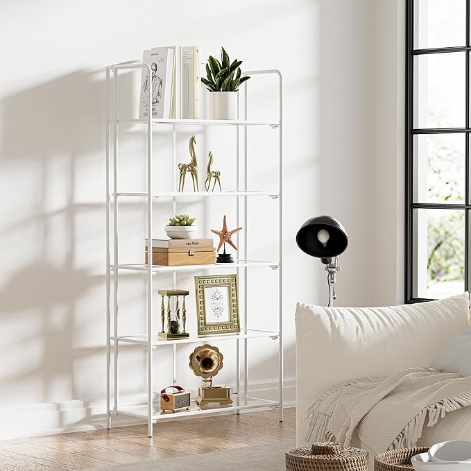 Crofy No Assembly Folding Bookshelf for Living Room, 5 Tier White Collapsible Book Shelf for Home Office, Portable Bookcase Storage Organizer