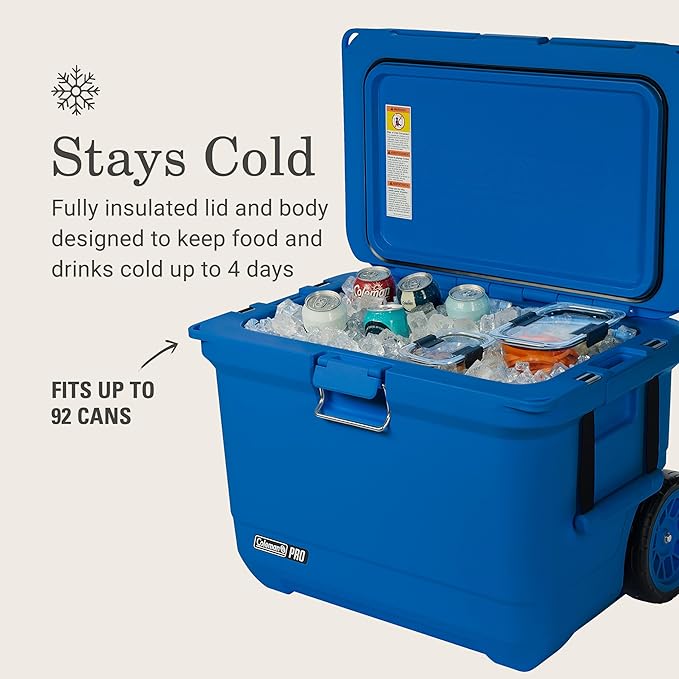 Coleman Pro Heavy-Duty 55qt Wheeled Ultra-Light Premium Hard Cooler, Extra-Thick Insulation Keeps Ice up to 5 Days, 92-Can Capacity, Heavy-Duty Wheels