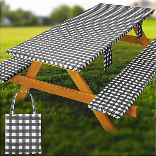 Fitted Picnic Table Cover with Bench Covers Waterproof Elastic Edges Rectangle Patio Tablecloth Outdoor Camping Essentials Stuff Rv Accessories Summer Trip Travel Supplies Party Camper Gifts, 6 ft