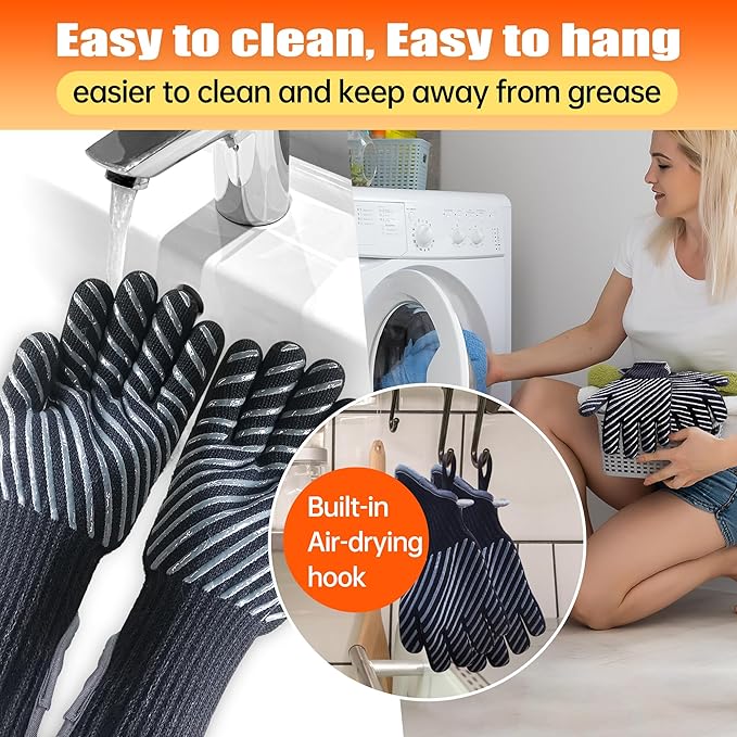HandLove BBQ Gloves, Oven Gloves with Fingers –1472℉ Heat Resistant Gloves for Grilling | Aramid Retardant Non-Slip Grip, Bamboo-Lining Fire, Black,L