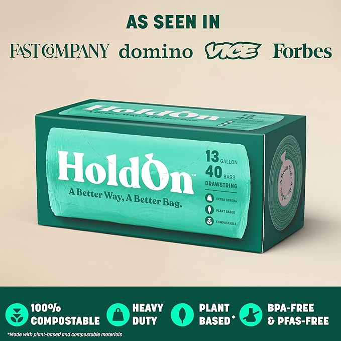 HoldOn Large Trash Bags 13 Gallon – Plant-Based Garbage Bags with Drawstring Handles for Tall Trash Bins – Trash Bags for Kitchen Bin (40 bags, Pack of 2), Green