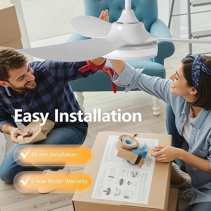 42 Inch Ceiling Fan with Light and Remote, Modern 3 Blade DC Motor Quiet Fan, Dimmable RGB LED, Reversible ABS Blades, for Bedroom Living Room, White (White)