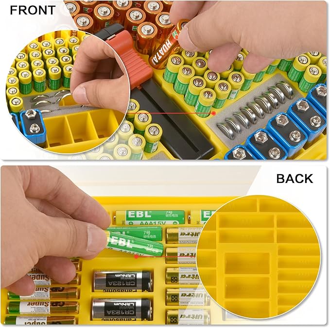 Battery Organizer Storage Holder Case with Double-Sided, Garage Box with Tester Checker. Batteries Container for 269pcs AA AAA AAAA 3A 4A 9V C D Lithium 4LR44 CR2 CR123A CR1632 CR2032 18650 - Yellow