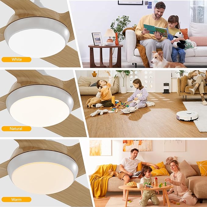 52 Inch Ceiling Fan with Light and Remote, 4 Blades, Quiet DC Motor, Reversible Fan with Dimmable LED Light, for Bedroom Living Room(Grain)