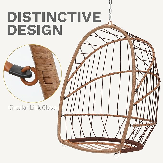 DWVO Egg Chair Without Stand, Basket Chair Hanging Outdoor Rattan Wicker Patio Hammock Indoor Egg Chair with Cushion, Hanging Swing Chair 300lbs for Porch, Garden, Bedroom, Balcony, Beige
