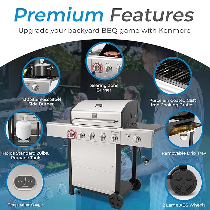 Kenmore BBQ Propane Gas Grill - 5 Burners with Side Burner & Searing Zone, 644 Sq. In. Stainless Steel Grill, 66,000 BTU, Ideal for Outdoor Cooking, Patio & Backyard, Silver