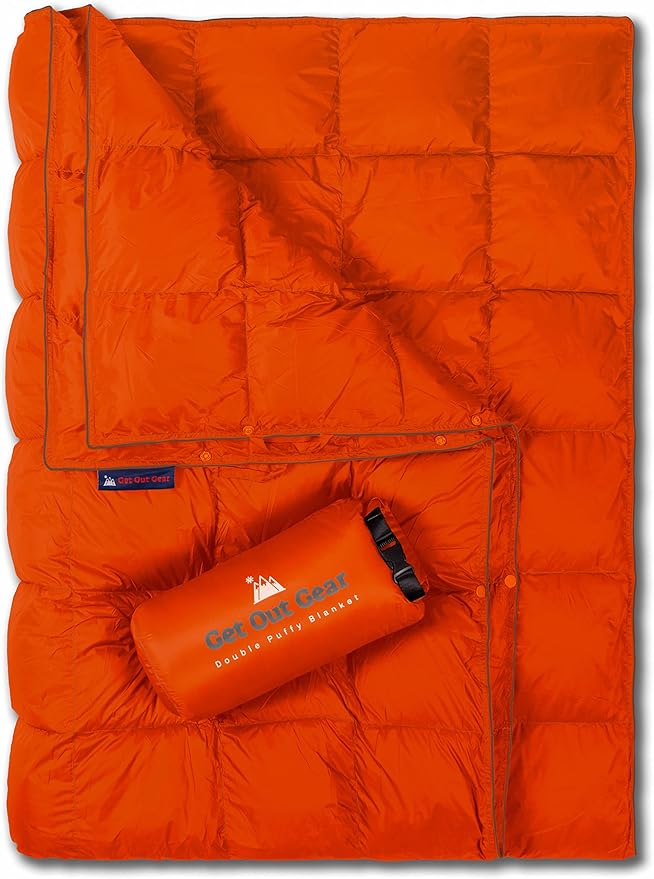 Double Puffy Camping Blanket - Extra Puffy, Packable, Lightweight and Warm | Ideal for Outdoors, Travel, Stadium, Festivals, Beach, Hammock | Water-Resistant Camp Quilt (Orange/Gray)