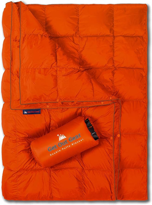 Double Puffy Camping Blanket - Extra Puffy, Packable, Lightweight and Warm | Ideal for Outdoors, Travel, Stadium, Festivals, Beach, Hammock | Water-Resistant Camp Quilt (Orange/Gray)