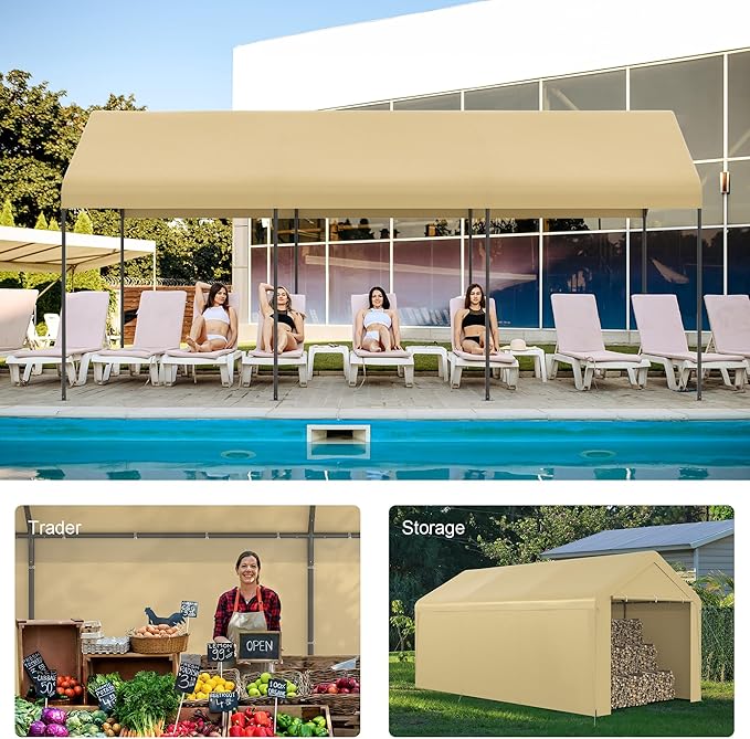 Carport, 10‘ x 20’ Heavy Duty Portable Garage All-Season Car Canopy w/Removable Sidewall & Doors, Carport Canopy Party Tent w/Water-Resistant Tarp for Backyard (Yellow, 10‘ x 20’)