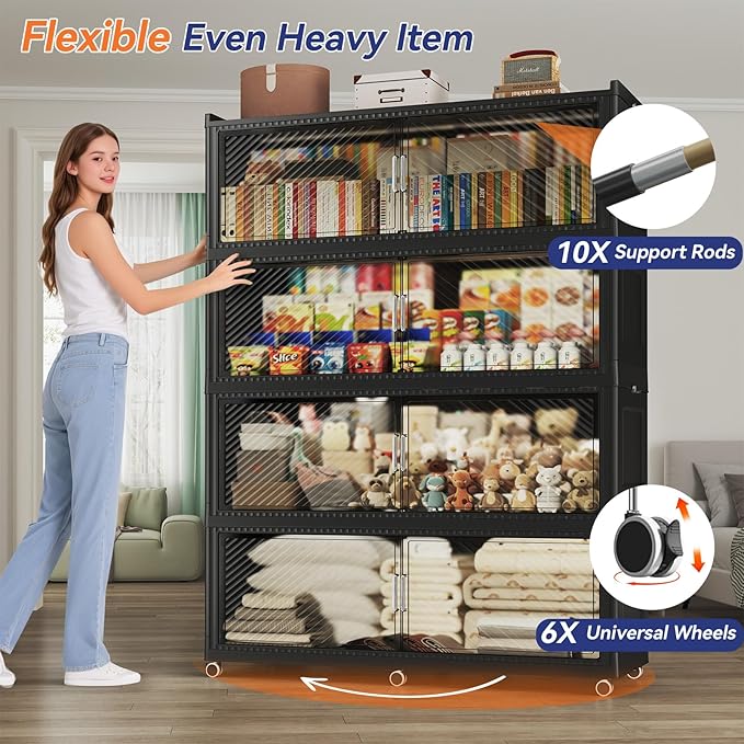 320GAL Extra Large Stackable Storage Bins with Lid, 1280QT Plastic Closet Organizer and Storage Cabinet with Wheels and Doors, Folding Storage Box Container for Home Organization, 4Pack Black