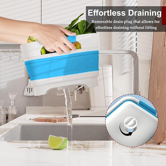 2.4 Gal Collapsbile Wash Basin with Drian Plug,9L Dish Pan for Soaking Baby Bottles,Portable Sink, Multiuse Foldable Bucket,Ice Beverage Tubs for Camping, Vegetable Washing, RV (Blue)